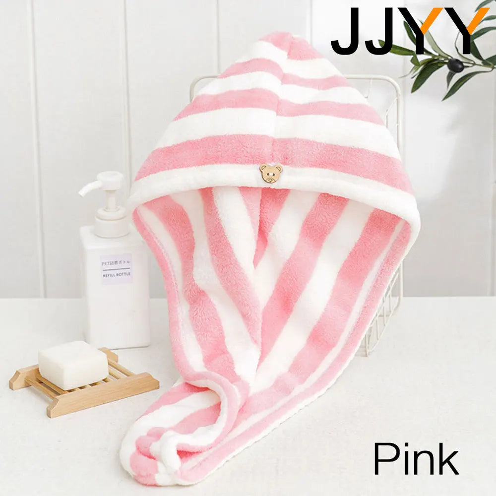 JJYY Microfiber Strong Absorbent Microfiber Dry Hair Towel Absorbent Quick Dry Striped Shower Cap  Bathroom Accessories