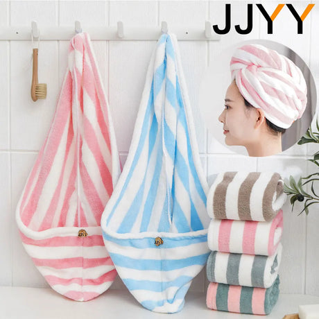 JJYY Microfiber Strong Absorbent Microfiber Dry Hair Towel Absorbent Quick Dry Striped Shower Cap  Bathroom Accessories