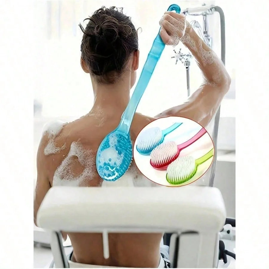 1 exfoliating bath brush with extended handle, specially designed for scrubbing the back, bath back scrubber, soft bristles, non-slip handle