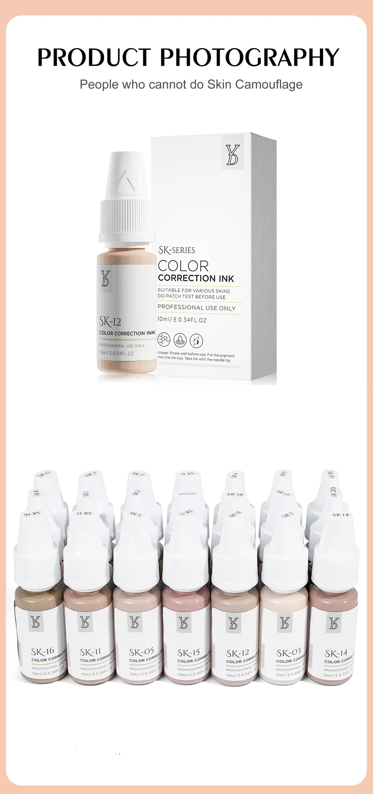 YD Professional 10ML Camouflage Pigment Semi Permanent Makeup Tattoo Ink for Scar Cover Stretch Marks Vitiligo Restore Skin Tone
