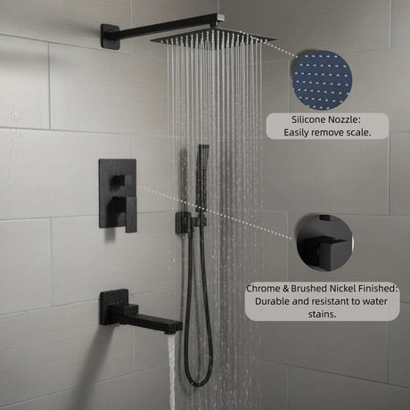 10" Rain Shower System with Tub Spout & Handheld, Matte Black Bathroom Faucet Set with Brass Valve