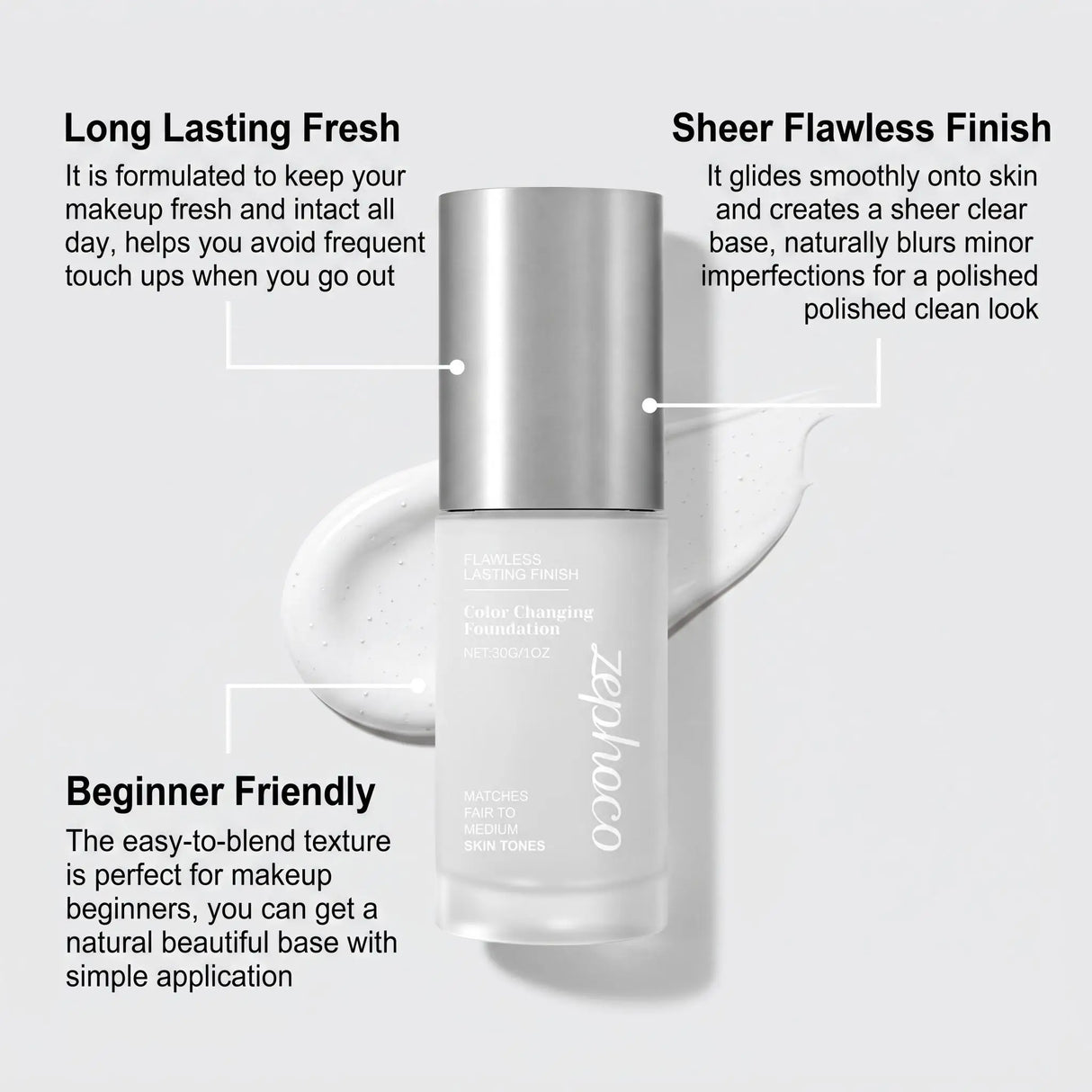 Zephoco Color Changing Foundation Waterproof Sweating Natural Lightweight Hydrating Matches Fair Medium Skin Tones Longwearing Matte High Coverage Makeup Liquid Face Base Makeup