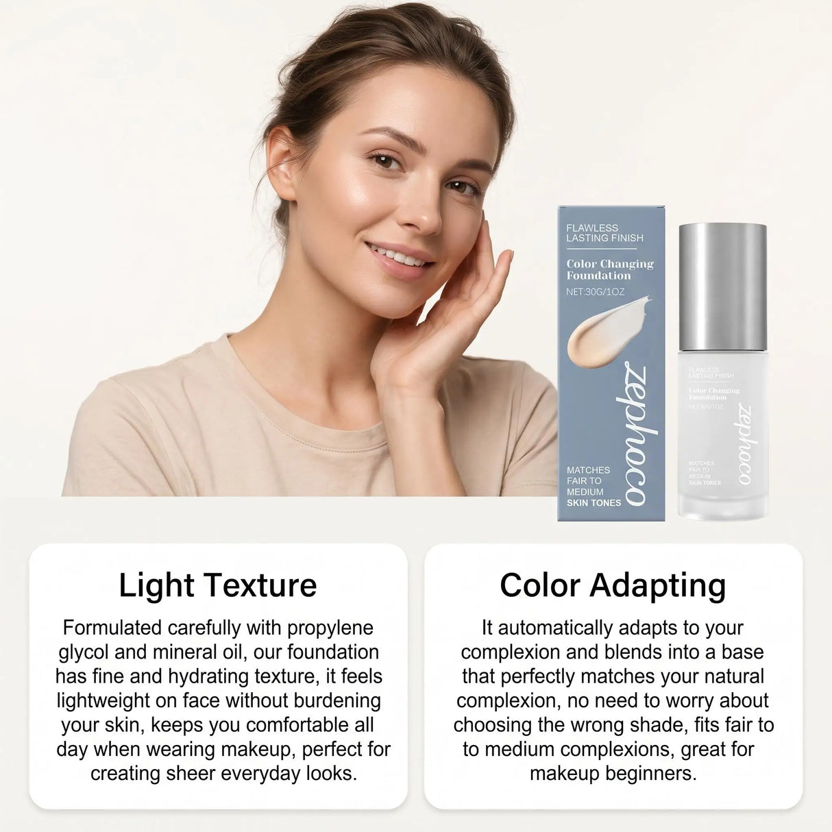 Zephoco Color Changing Foundation Waterproof Sweating Natural Lightweight Hydrating Matches Fair Medium Skin Tones Longwearing Matte High Coverage Makeup Liquid Face Base Makeup