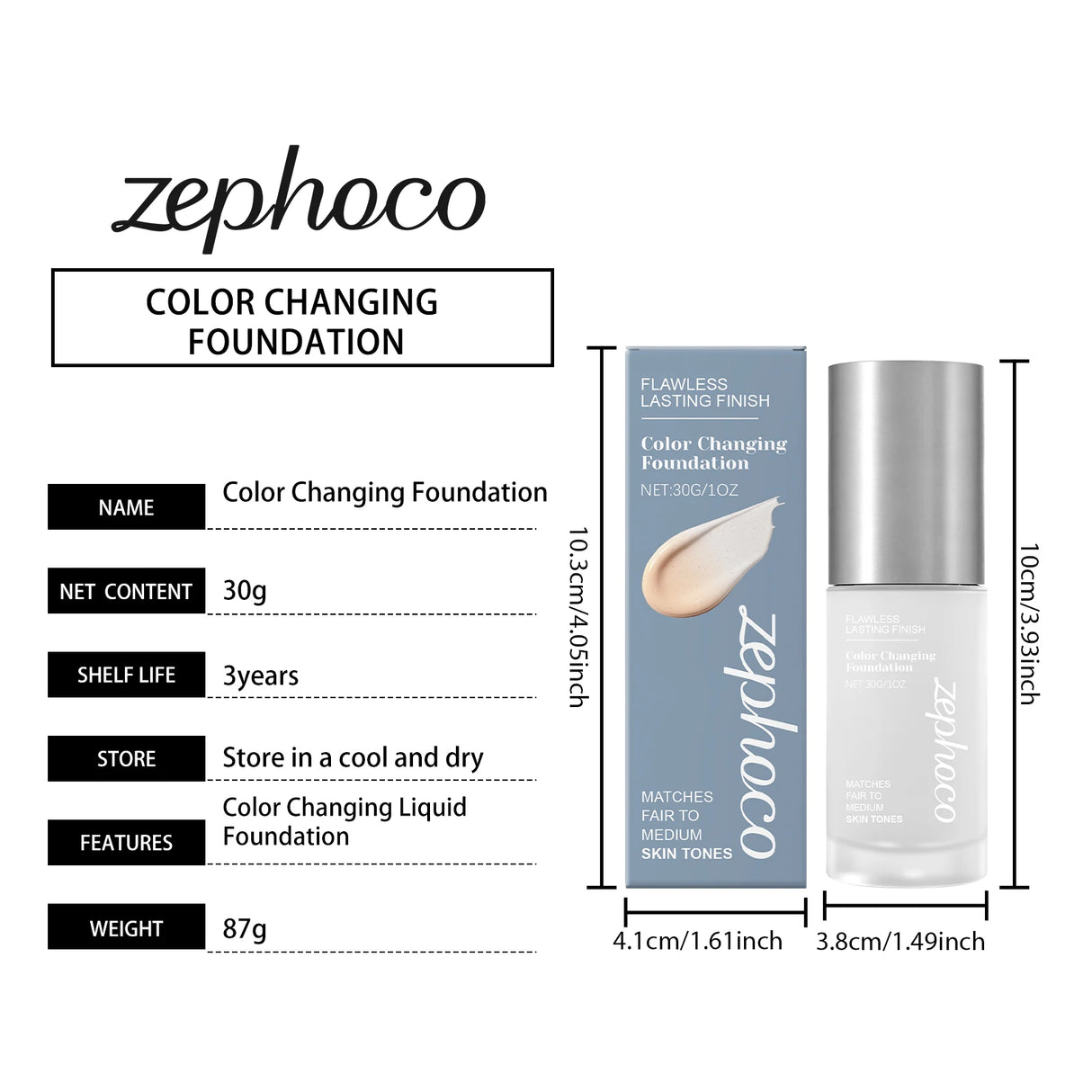 Zephoco Color Changing Foundation Waterproof Sweating Natural Lightweight Hydrating Matches Fair Medium Skin Tones Longwearing Matte High Coverage Makeup Liquid Face Base Makeup