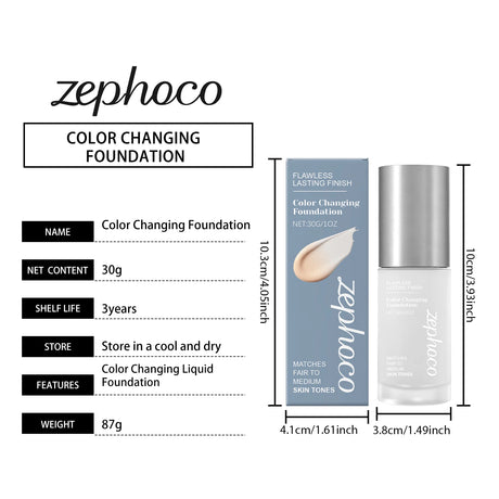Zephoco Color Changing Foundation Waterproof Sweating Natural Lightweight Hydrating Matches Fair Medium Skin Tones Longwearing Matte High Coverage Makeup Liquid Face Base Makeup
