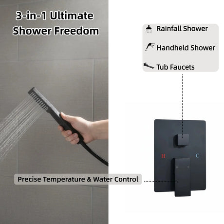 10" Rain Shower System with Tub Spout & Handheld, Matte Black Bathroom Faucet Set with Brass Valve