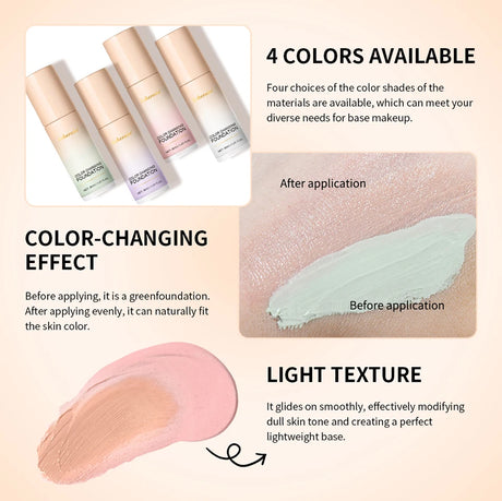 SPF30+Color Changing Foundation 4 in 1 Sun Liquid Moisture Waterproof Nourishes Coverage for All Skin Types Free Puff