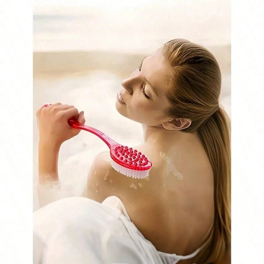 1 exfoliating bath brush with extended handle, specially designed for scrubbing the back, bath back scrubber, soft bristles, non-slip handle
