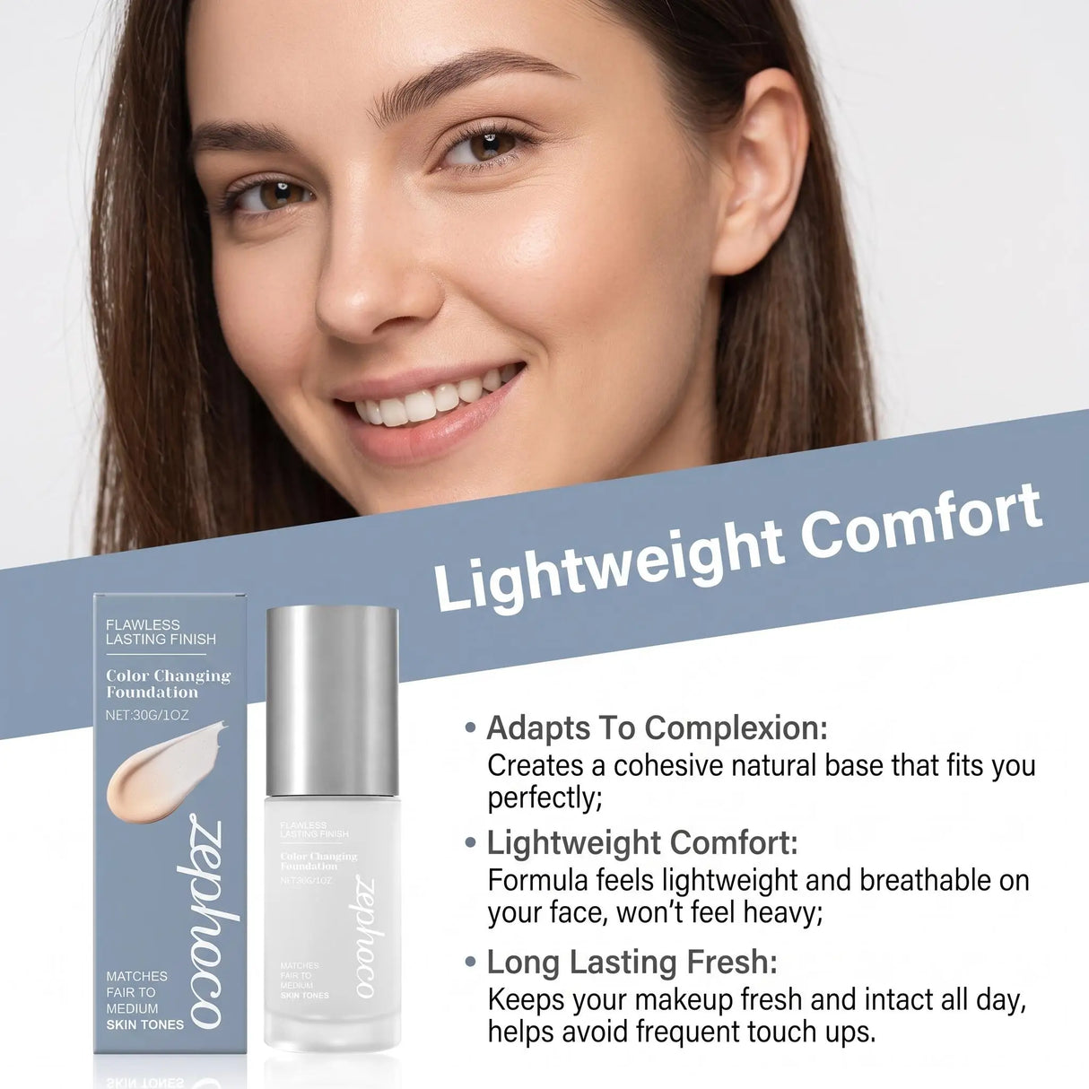 Zephoco Color Changing Foundation Waterproof Sweating Natural Lightweight Hydrating Matches Fair Medium Skin Tones Longwearing Matte High Coverage Makeup Liquid Face Base Makeup