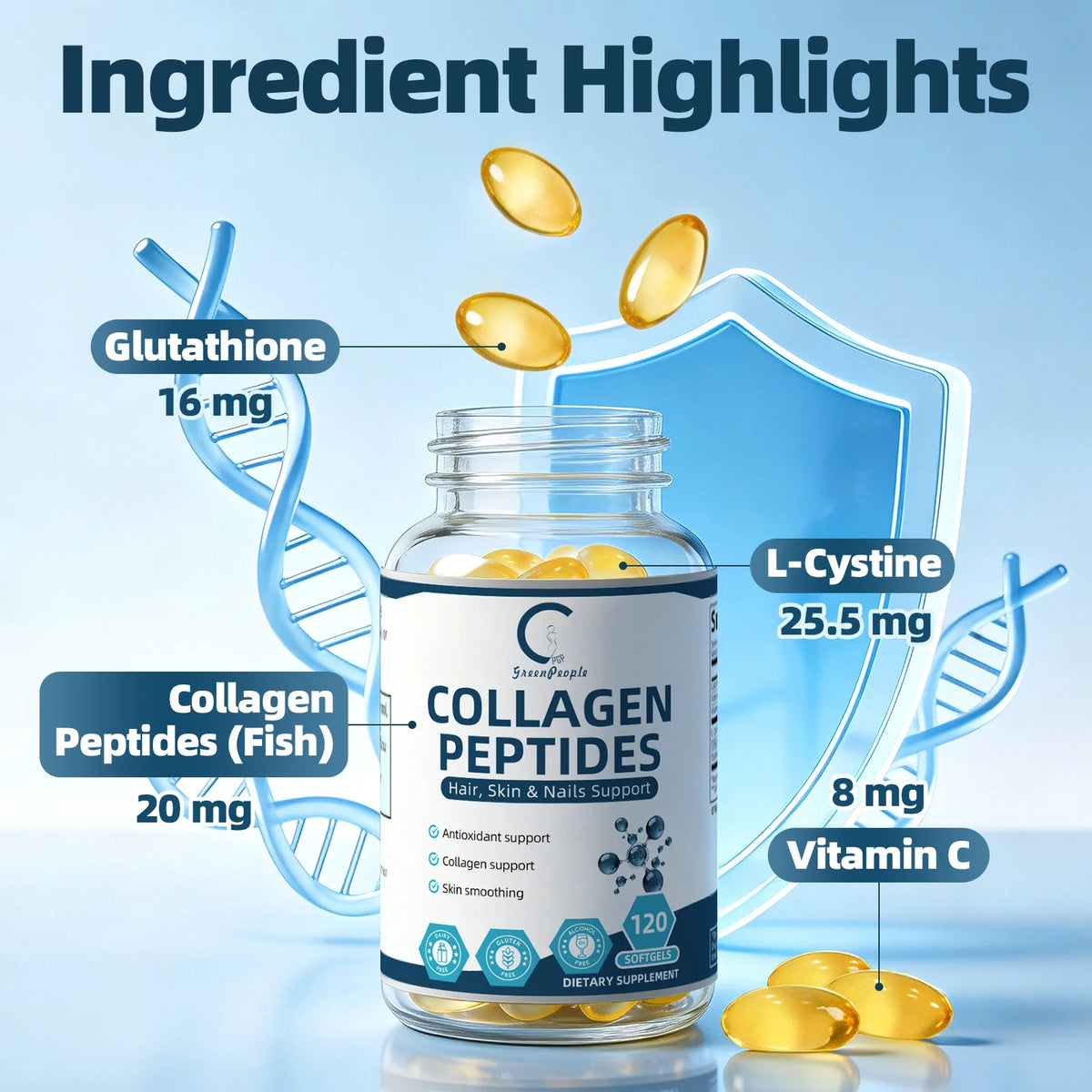 GPGP Greenpeople Glutathione Collagen Peptides Capsules Supports Healthy Hair, Skin & Nails Antioxidant Helps Maintain Skin Smooth