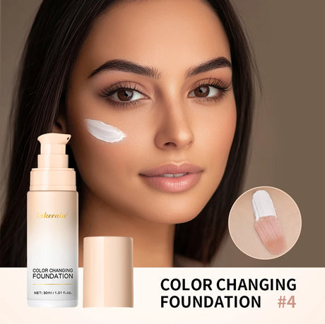 SPF30+Color Changing Foundation 4 in 1 Sun Liquid Moisture Waterproof Nourishes Coverage for All Skin Types Free Puff