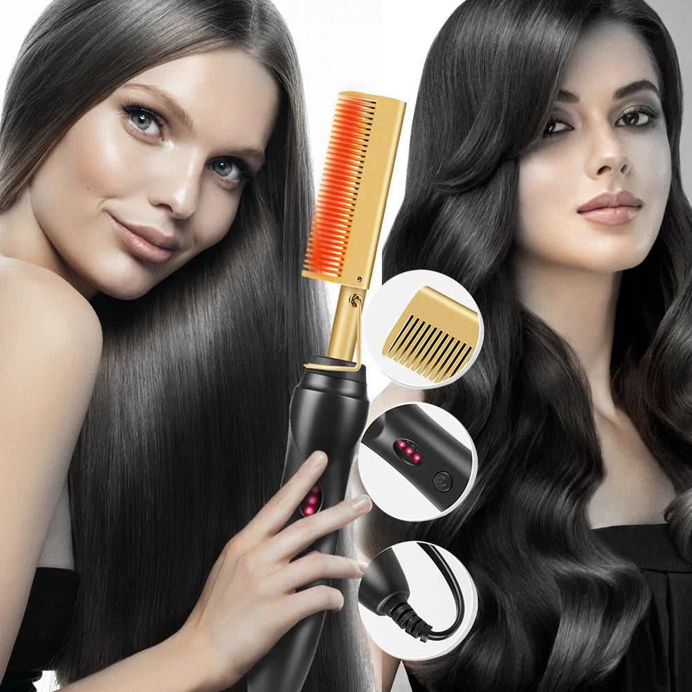 2 In1 Hot Comb Hair Straightener Electric Heating Comb Fast Heating Portable Travel Anti-Scald Beard Straightener Press Comb