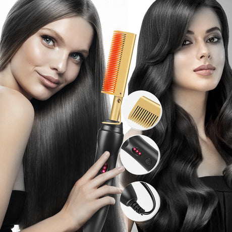 2 In1 Hot Comb Hair Straightener Electric Heating Comb Fast Heating Portable Travel Anti-Scald Beard Straightener Press Comb