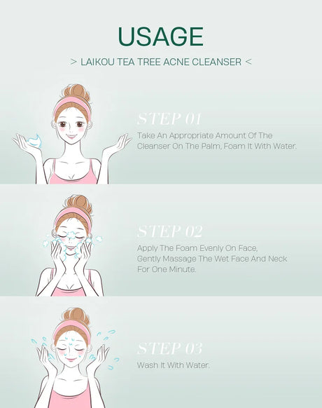 LAlKOU Tea Tree Cleanser Gentle Acne Treatment Blackhead Cleaner Shrink Pore Deep Clean Oil Control Moisturizing Face Skin Care