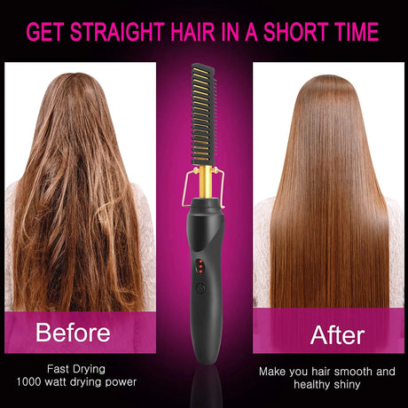 2 In1 Hot Comb Hair Straightener Electric Heating Comb Fast Heating Portable Travel Anti-Scald Beard Straightener Press Comb