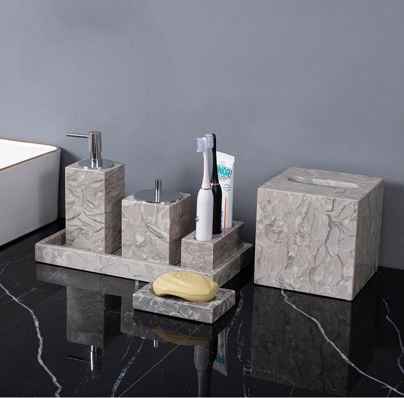 Bathroom Accessories Sets Elegant Natural Marble Liquid Soap Dispenser Toothbrush Holder Cup Soap Dish Cotton Swab Can