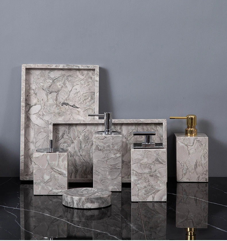 Bathroom Accessories Sets Elegant Natural Marble Liquid Soap Dispenser Toothbrush Holder Cup Soap Dish Cotton Swab Can
