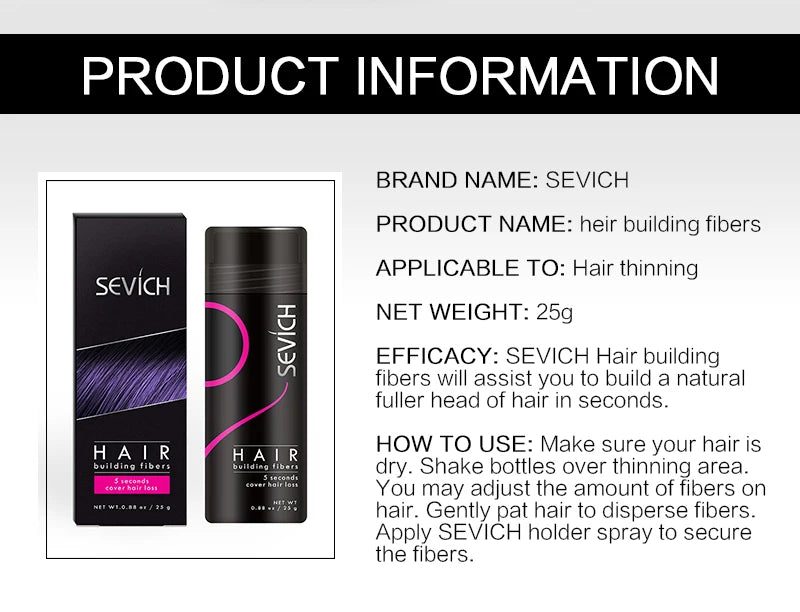 Sevich Hair Fiber Building Thin Loss Concealer Spray Refill Keratin Fibers Hair Powder Styling 25g 10 Colors Anti Hair Loss