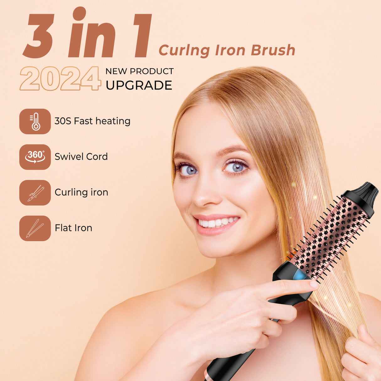 3 in1 Thermal Brush Ionic Heated Round Brush Ionic Hair Curler/Straightener with Anti-Scald Hair Curling Iron Hair Styling Tools