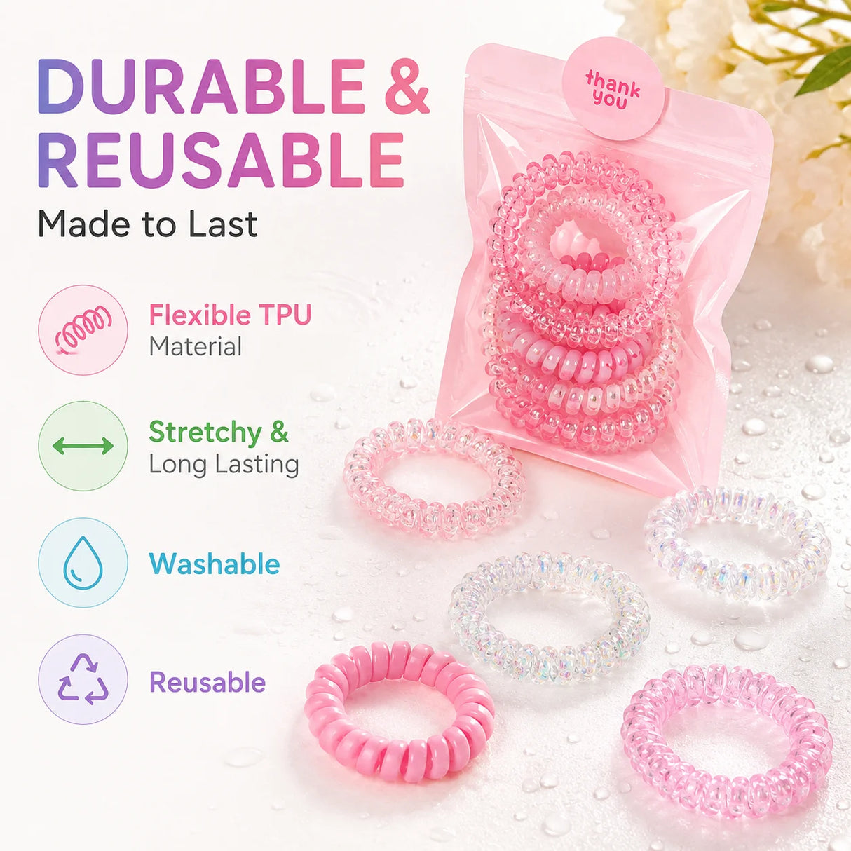 1 Pack 5 Pcs Pink Spiral Hair Ties for Women and Girls, Coil Ponytail Holders in Gift Pouch, Soft Stretch Hair Accessories for Daily Wear