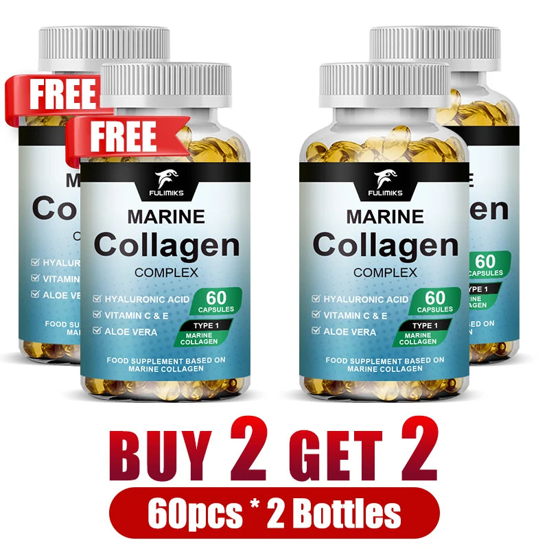 Marine Collagen Complex Capsules, Hydrolyzed Peptides for Skin Elasticity, Hair, Nails, Joint & & Bones Health, Glowing Beauty