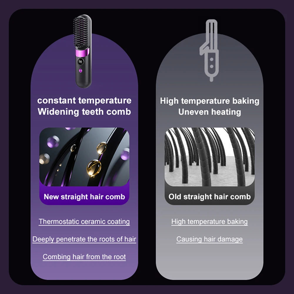 Wireless Electric Hot Comb Straight Hair Straightener Comb Straightening Brush Negative Ion Anti-Scalding Styling Tool