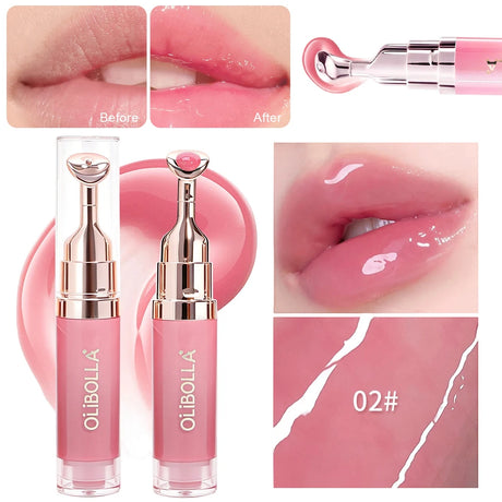 Lip Repair Plumping Lip Gloss, Metal Massage Wand Hydrating Mirror Glass Lip Oil, Waterproof Non-sticky Shiny Lip Tint