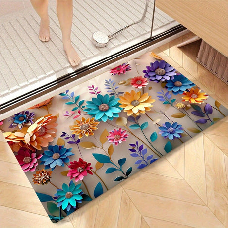 1pc multi-color floral print design bathroom mat, anti-slip, super absorbent and quick-drying shower floor mat, dry and soft ant