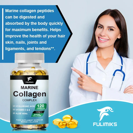 Marine Collagen Complex Capsules, Hydrolyzed Peptides for Skin Elasticity, Hair, Nails, Joint & & Bones Health, Glowing Beauty