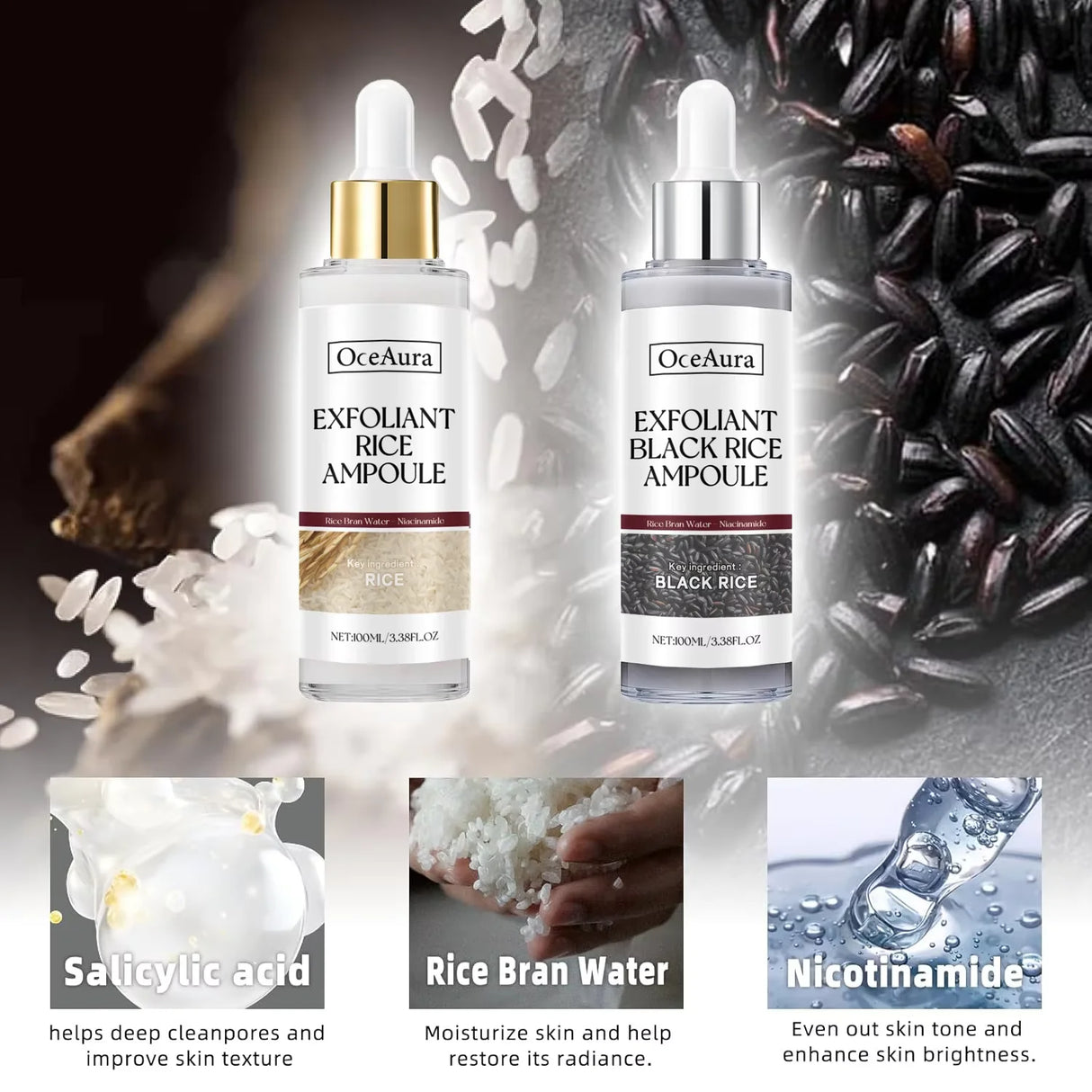 Black&White Rice Exfoliating Essence Dead Skin Remover Facial Glowing Replenisning Shrink Pore Hyaluronic Acid Brightening Serum