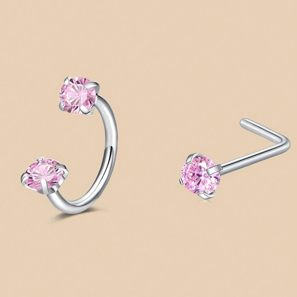 6/2pcs Horseshoe Nose Rings With L-Shape Nose Stud, Stainless Steel Rianbow CZ Nose Ring,, Lip Eyebrow Helix Ear Piercing