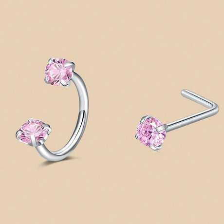 6/2pcs Horseshoe Nose Rings With L-Shape Nose Stud, Stainless Steel Rianbow CZ Nose Ring,, Lip Eyebrow Helix Ear Piercing