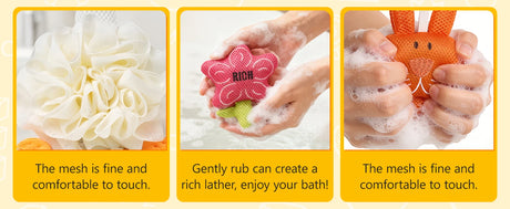 Kids Loofah, Cute Cartoon Animal Kids Bath Sponge with Hanging Rope, Soft Double Mesh for Rich Lather