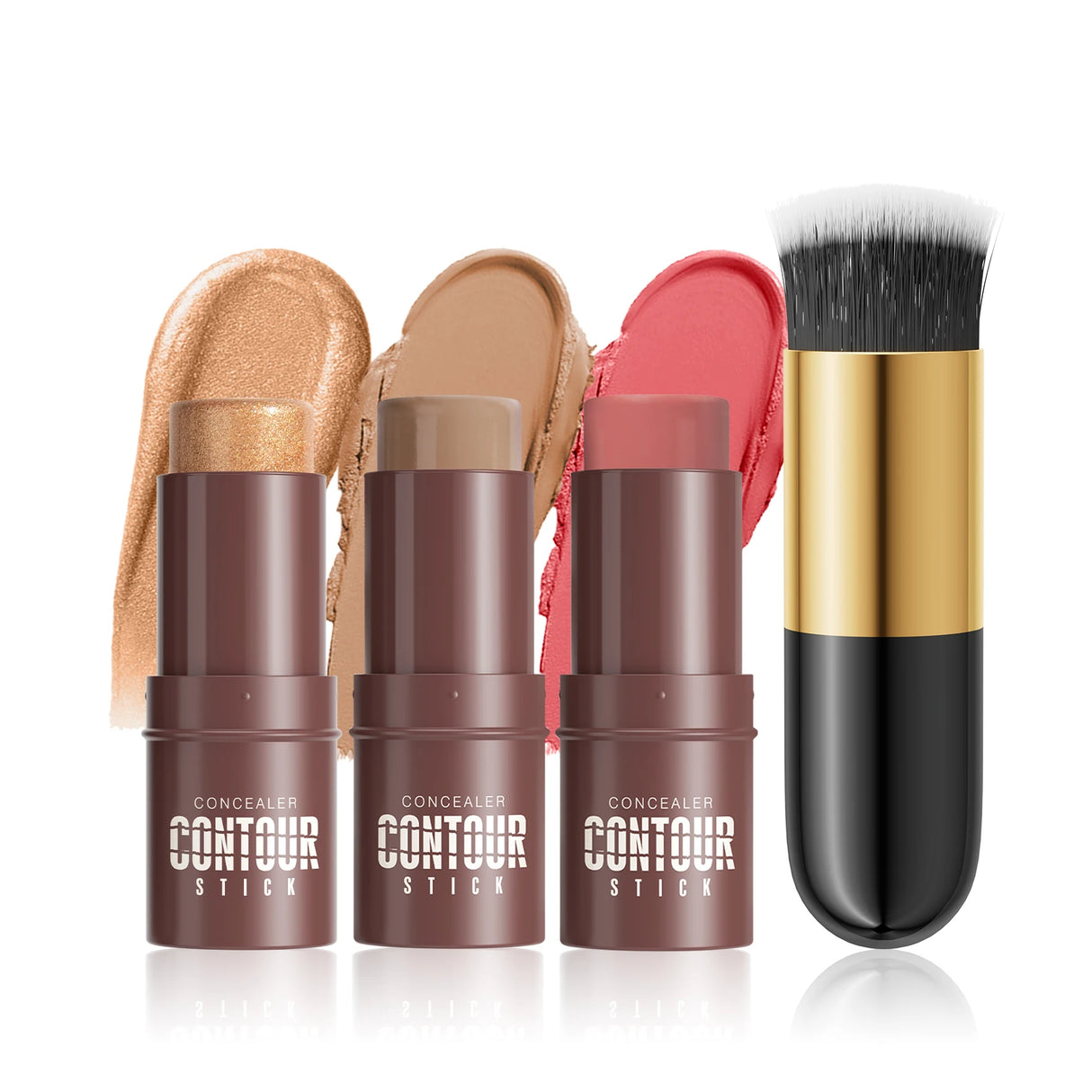 4-Piece Contour Stick Set with Highlighter, Blush & Bronzer Plus Golden Powder Brush - Waterproof Cream for All Tones, Shimmery.