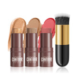 4-Piece Contour Stick Set with Highlighter, Blush & Bronzer Plus Golden Powder Brush - Waterproof Cream for All Tones, Shimmery.