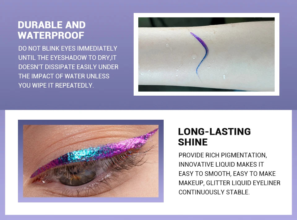 CHARMACY Duochrome Glitter Liquid Eyeliner Long Lasting Waterproof Smudgeproof Ultra Fine Tip Eye Liner Women Makeup Cosmetics