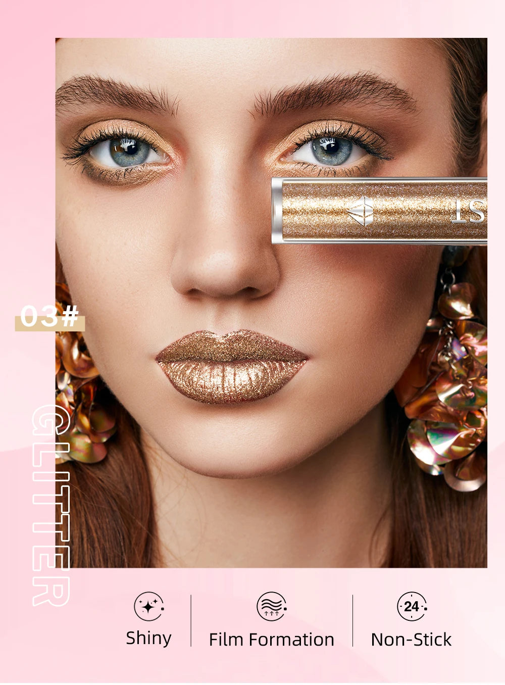 QIBEST Metallic Glitter Liquid Lipstick Makeup Waterproof Lip Gloss Long-lasting Shimmer Metal Diamond Lip Glaze Tint Charming