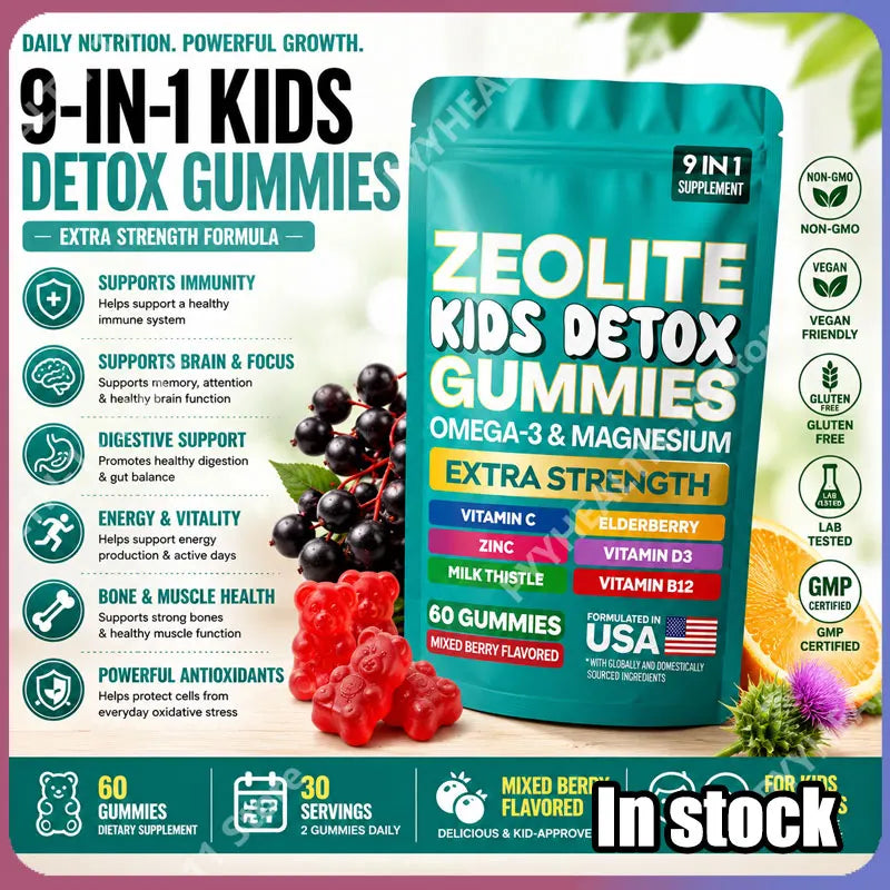 Zeolite Gummies 9-in-1 with Zeolite Omega-3 Magnesium Elderberry Vitamin C Milk Thistle Vitamin D3 Zinc B12 60 Gummies