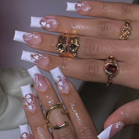 Mid-length Coffin Fake Nails 24Pcs White French Tip Ballerina Press On Nail Pink/White Flower Printed Spring/Summer DIY Manicure