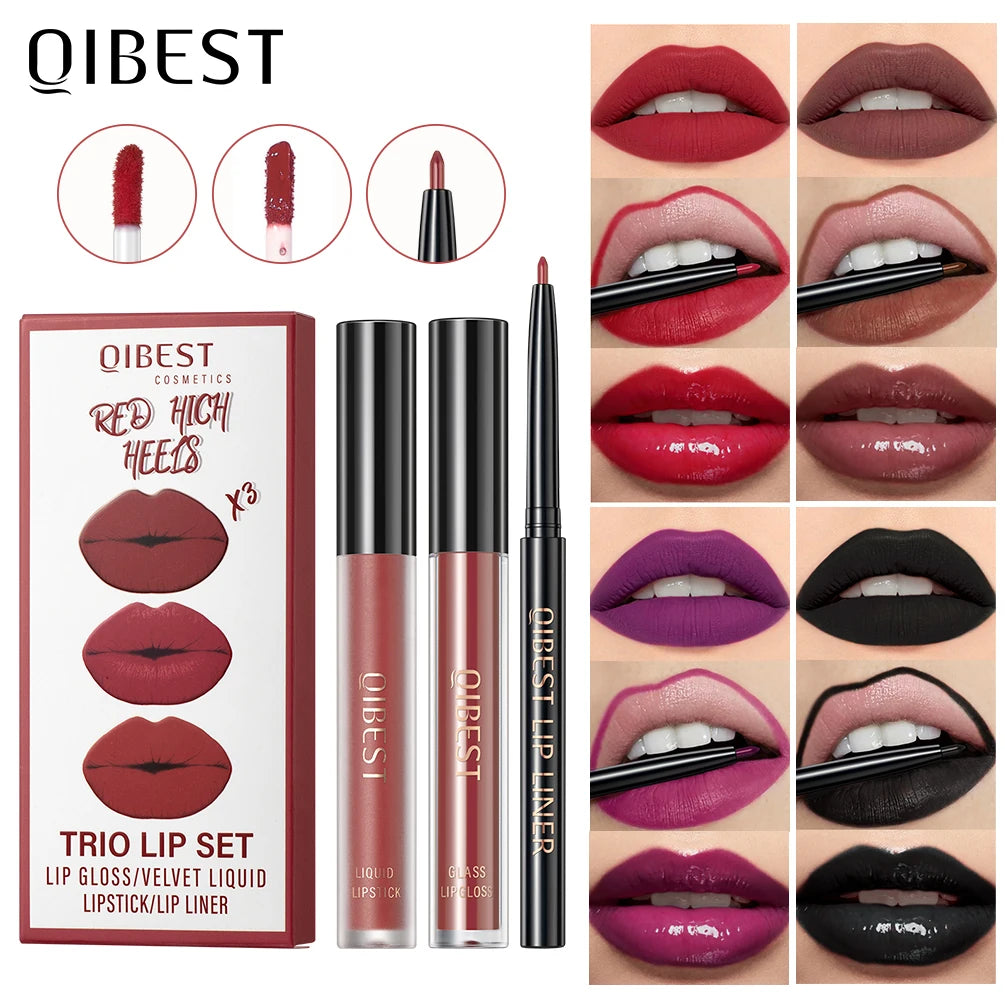 QIBEST Hots 3pcs Liquid Lipstick And Lip Liner Makeup Sets Nude Velvet Lip Gloss Lip Tint Lasting Black Lip Glaze Cosmetics Kits