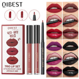 QIBEST Hots 3pcs Liquid Lipstick And Lip Liner Makeup Sets Nude Velvet Lip Gloss Lip Tint Lasting Black Lip Glaze Cosmetics Kits