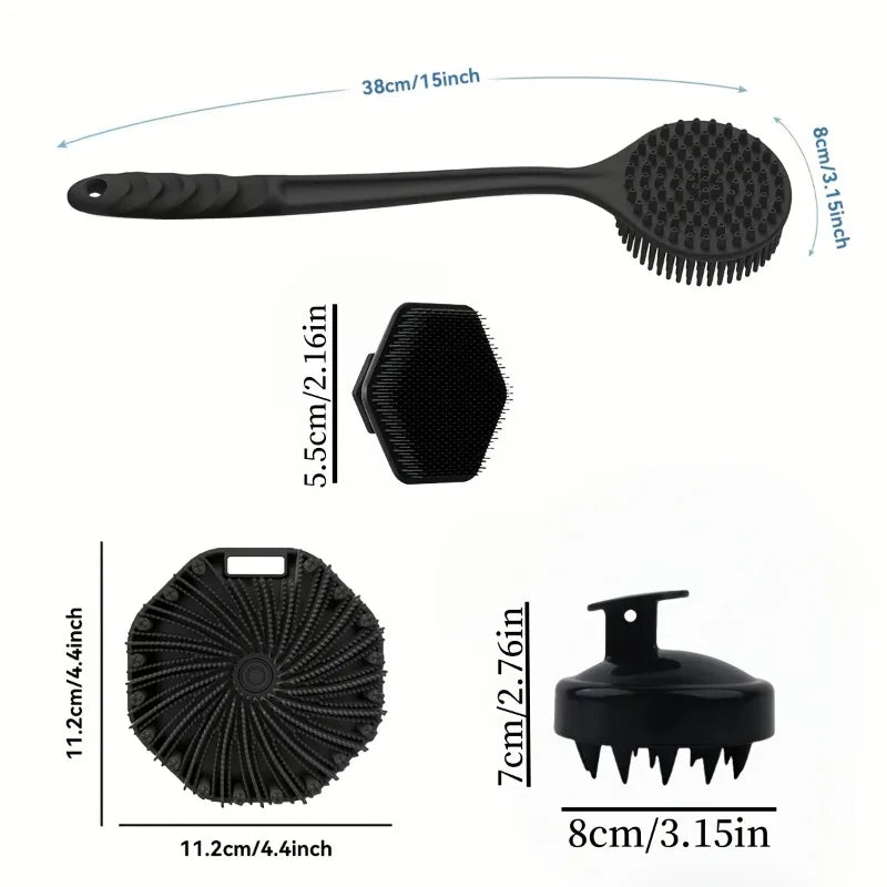 4PCS Long Handle Silicone Bath Brush Set for Body Back Face Gentle Exfoliating Massage Deep Cleaning with Non Slip Grip
