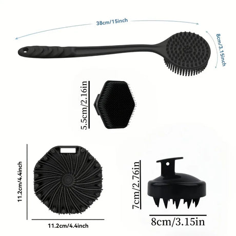 4PCS Long Handle Silicone Bath Brush Set for Body Back Face Gentle Exfoliating Massage Deep Cleaning with Non Slip Grip