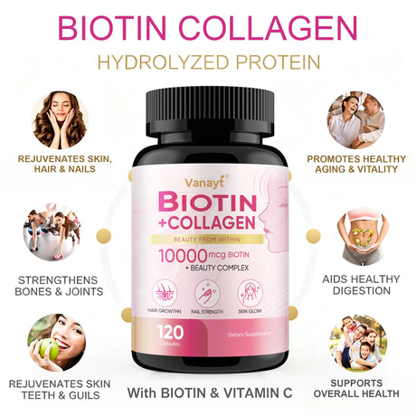 Biotin Collagen - Nourishes The Skin, Slows Down Aging, Promotes Healthy Hair, Strong Nails, and Improves Intestinal Digestion 120 Capsules