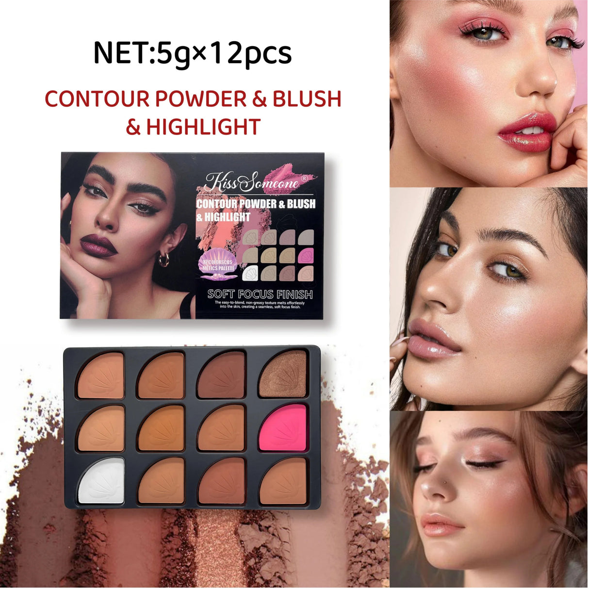 12 Colors Contour Palette，Blush Highlighter Bronzer Powder All in One Makeup Palettes，Blendable Matte Shimmer Illuminator Palett