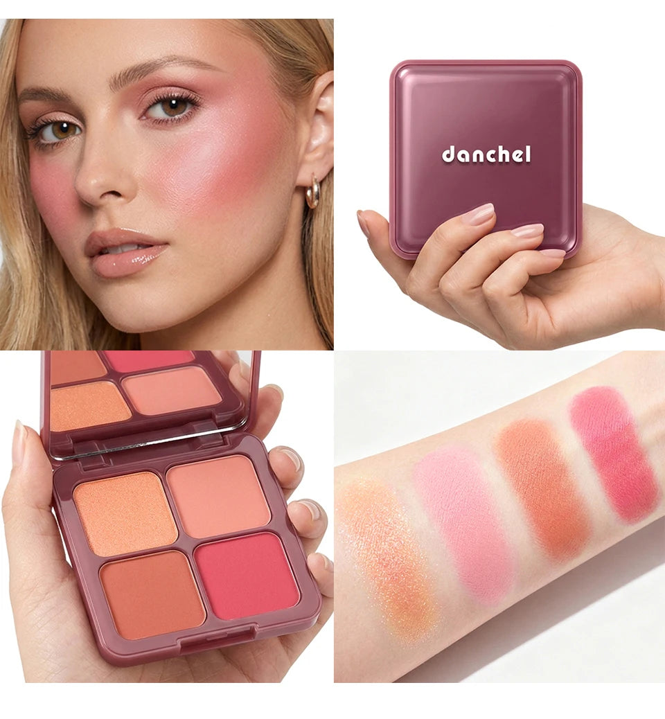 4 Shades Blush Palette Matte & Shimmer Two Textures Rich Pigment Long-wear Soft Blur Finishing Compact Blush Daily Cheek Makeup