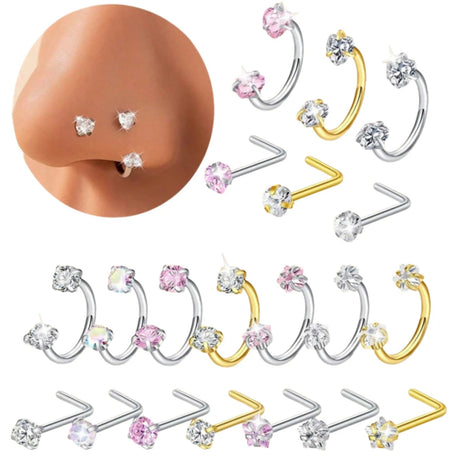 6/2pcs Horseshoe Nose Rings With L-Shape Nose Stud, Stainless Steel Rianbow CZ Nose Ring,, Lip Eyebrow Helix Ear Piercing