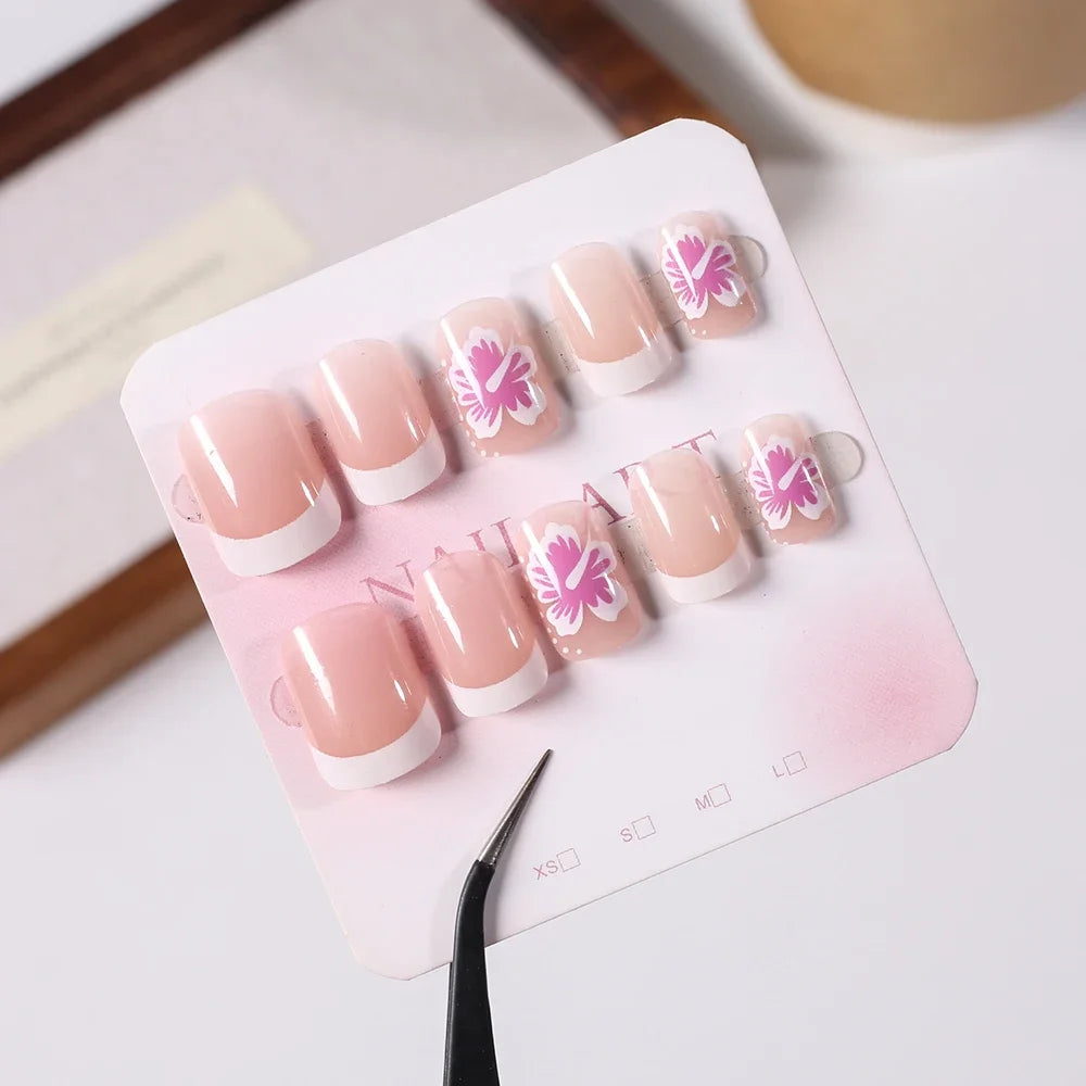 24Pcs Short Square Pink Floral French Press On Nails Clear Base Hand Drawn Flower Reusable With Adhesive Glue For Women Daily Party DIY Spring Summer Manicure Supply