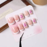 24Pcs Short Square Pink Floral French Press On Nails Clear Base Hand Drawn Flower Reusable With Adhesive Glue For Women Daily Party DIY Spring Summer Manicure Supply
