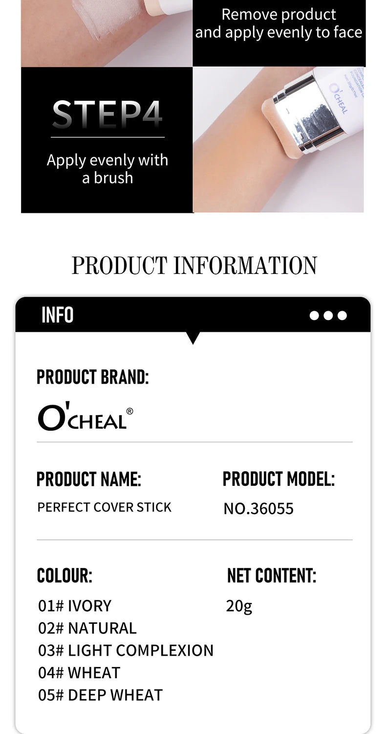 O'CHEAL Perfect Cover Stick Thin And Comfortable Concealer Foundation Cream Stick Instant Natural Waterproof Long-lasting Makeup